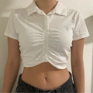 Zara White Ruched Collared Top